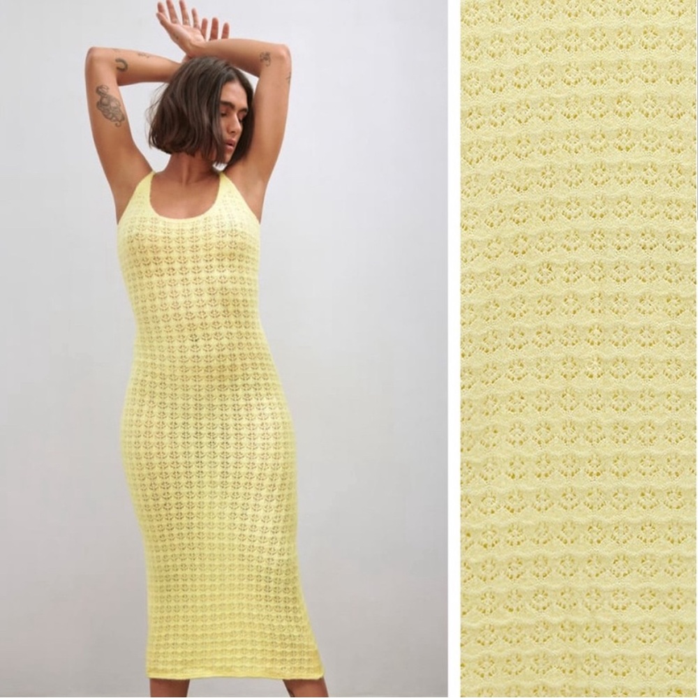 Zara Pointelle Knit Yellow Dress Small